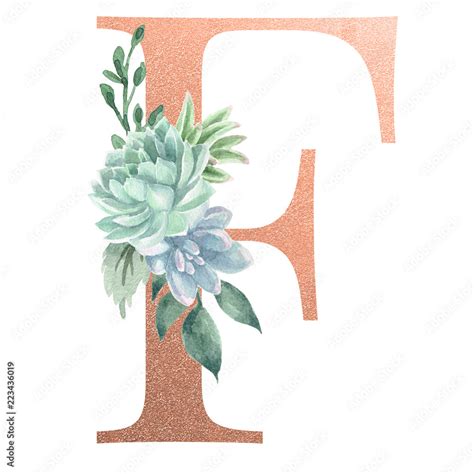 Watercolor Monogram Alphabet Letter F Rose Gold Foil Stock Illustration