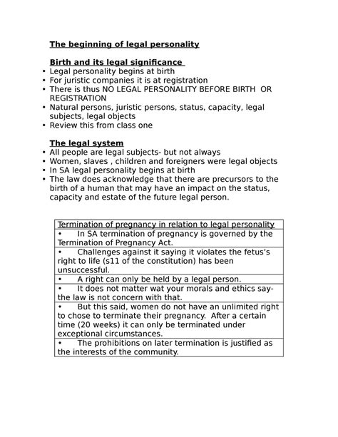 3 Chapter Notes The Beginning Of Legal Personality Birth And Its