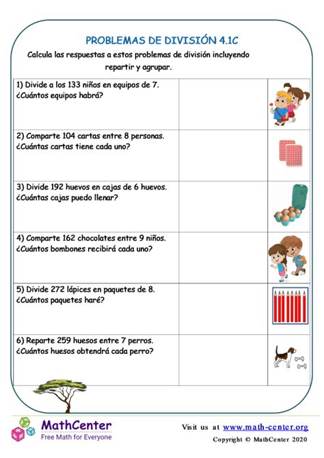 Cuarto grado Hojas de trabajo Problemas de División Math Center