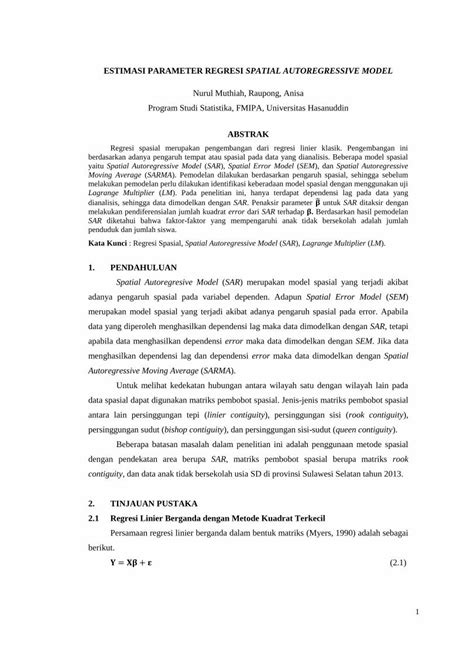 Pdf Estimasi Parameter Regresi Spatial Melakukan Uji Lm Untuk