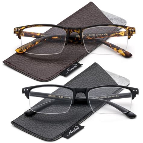 2 Packs Wide Frame Reading Glasses Semi Half Frame Stylish Fashion Reading Glasses With Carrying