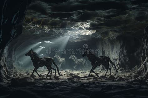 Ancient Cave Drawings of Mythical Unicorns in Hidd Stock Illustration ...