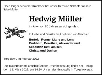 Traueranzeigen von Hedwig Müller Trauer Nordkurier