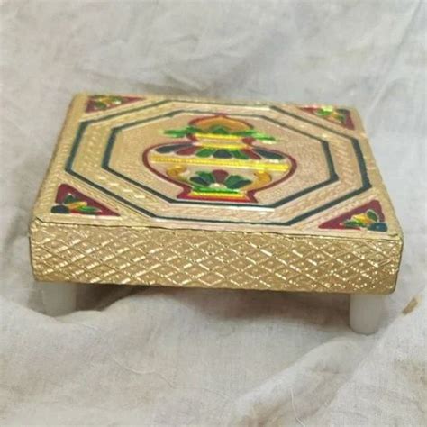 Golden Base Wood Meenakari Pooja Chowki Size 10x10 Inch Lxw At Rs