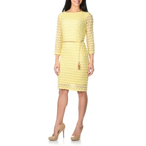 Sharagano Womens Yellow Chevron Textured 3 4 Sleeve Dress Free