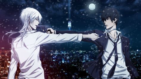 壁紙、1366x768、ピストル、psycho Pass Shinya Kougami Shougo Makishima、若者、2 二つ、アニメ、ダウンロード、写真