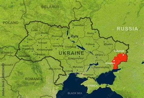 Ukraine On Europe Map With Donetsk And Luhansk Regions Elements Of