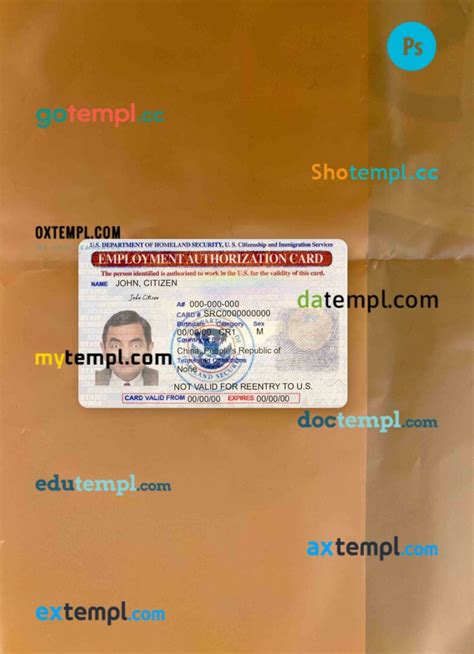 United States Employment Authorization Card Editable Psd Files Scan Look And Photo Realistic