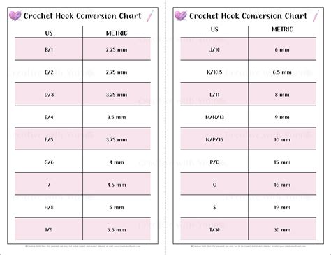 Crochet Hook Conversion Chart Printable Crochet Hook Conversion Chart