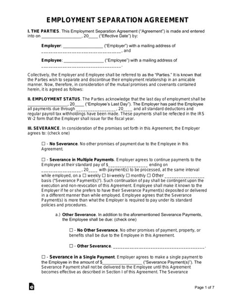 Free Employment Separation Agreement Template Pdf Word Eforms