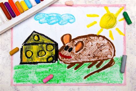 Colorful Hand Drawing: Mouse Eating Cheese with Holes Stock ...