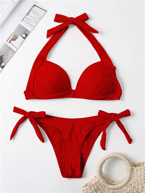 Shein Swim Basics Solid Bikini Set Halter Push Up Bra Tie Side Thong