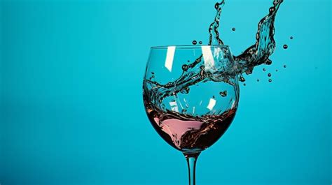 Wine Glass With Spilled Liquid On Blue Backdrop Water Droplets Creating