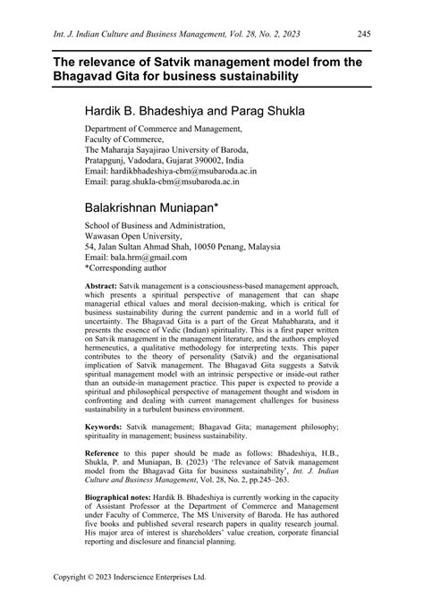 Pdf The Relevance Of Satvik Management Model From The Bhagavad Gita