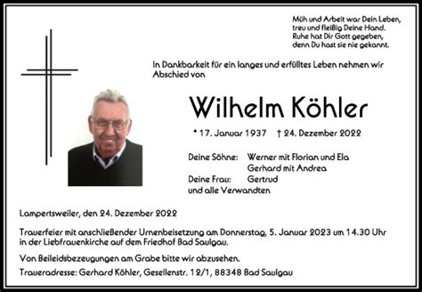 Traueranzeigen von Wilhelm Köhler schwaebische de Trauerportal