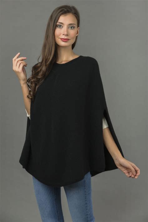 Pure Cashmere Poncho Cape Plain Knitted In Black Italyincashmere