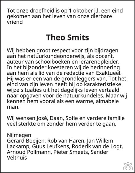 Theo Smits Overlijdensbericht En Condoleances Mensenlinq Nl