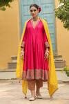 Buy Pink Kurta Pure Banarasi Spun Silk Embroidered Bird Anarkali Set