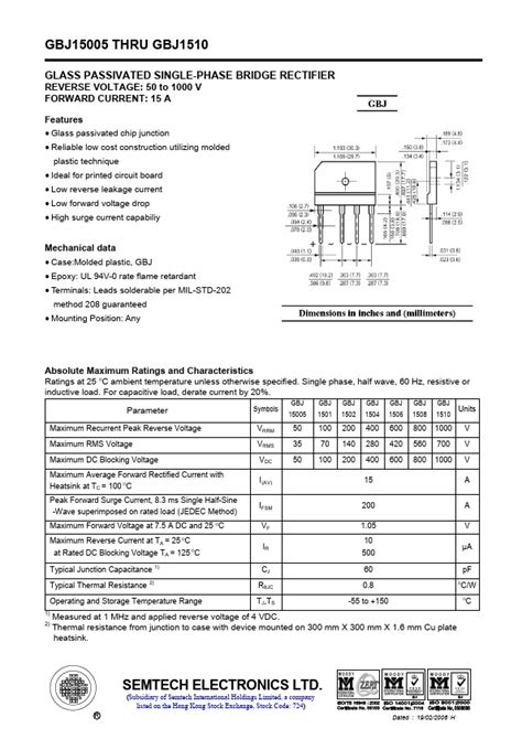 GBJ1504 Datasheet PDF GLASS PASSIVATED SINGLE PHASE BRIDGE RECTIFIER