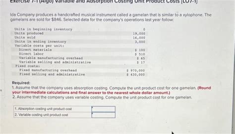 Solved S Exercise Algo Variable Absorption Costing Ida Chegg