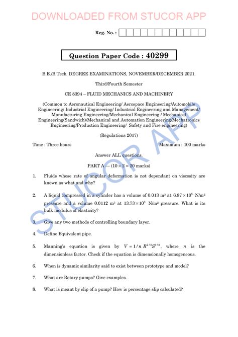 Stucor Qp Ce3391 Fluid Mechanics Reg No Beb Degree