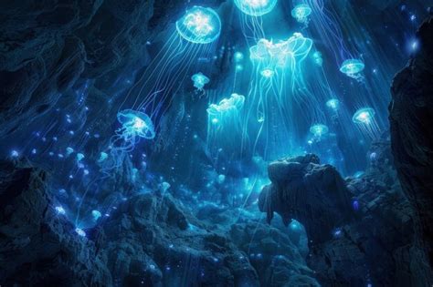 Underwater Jellyfish Glowing Cave Premium Ai Generated Image