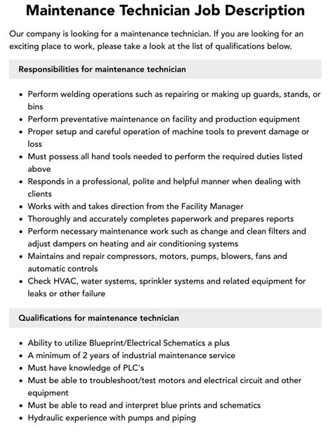 Maintenance Technician Job Description Velvet Jobs