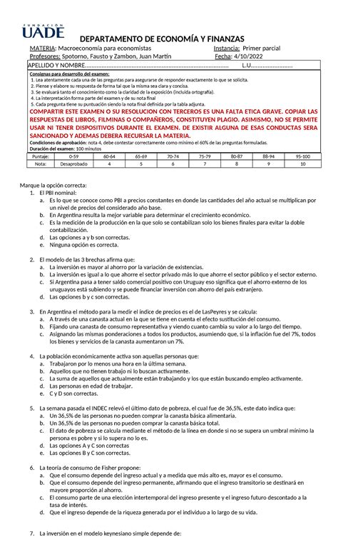 Macro Para Economistas Er Parcial Do Cuatri Departamento De