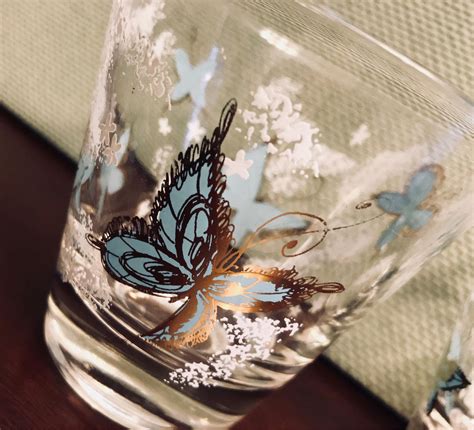 Vintage Butterfly Glasses Gold Gilt Aqua Blue Butterfly Glasses Mid Century Drink Ware T For Her