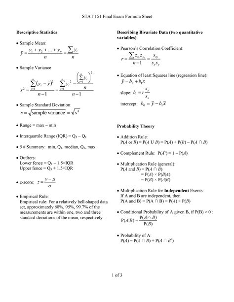 Stat Fall Formulas Final Stat Final Exam Formula Sheet