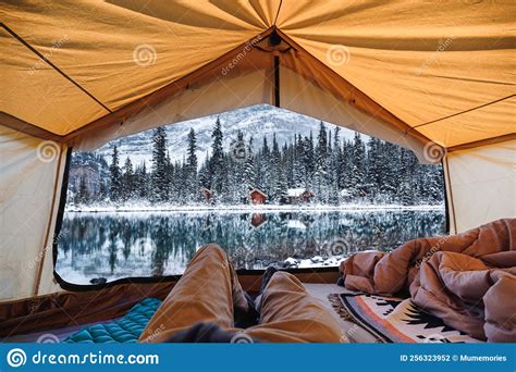 Traveler Man Relaxing in Large Tent with Cottage in the Forest at Lake O`hara Stock Photo ...