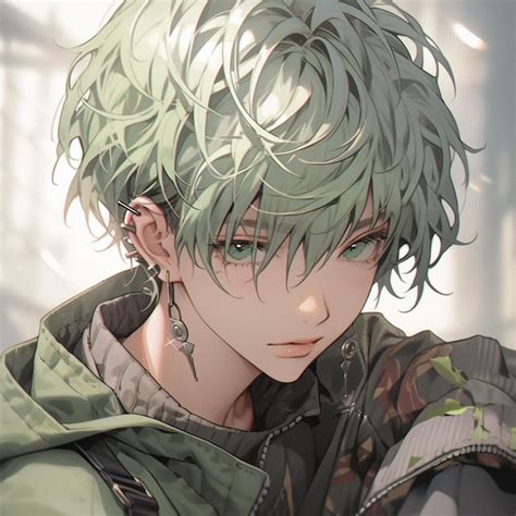 Anime boy with green hair and green eyes staring at the camera ...