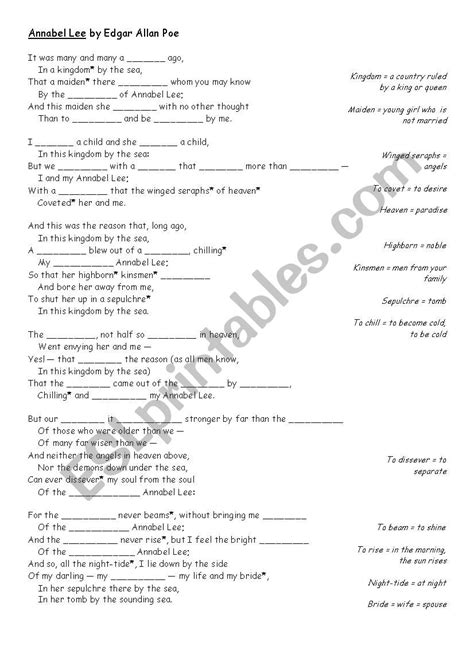 Annabel Lee By Edgar Allan Poe Esl Worksheet By C Wilhelm