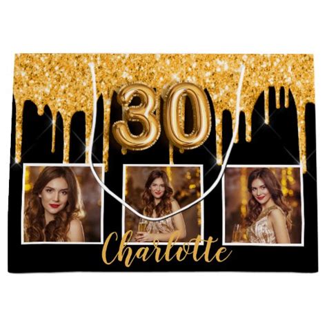 30th Birthday Black Gold Glitter Drips Photo Large T Bag Zazzle