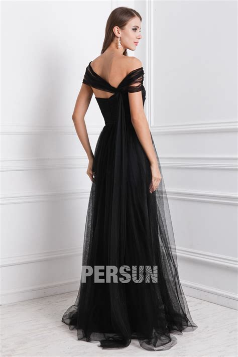 Robe noire soirée longue encolure asymétrique en tulle Persun fr