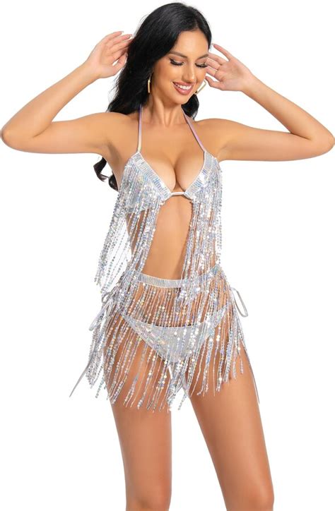 Wuchieal Women S Sexy Sequin Halter Triangle Bikini Bathing Suit With Fringe Trim Skirt Piece