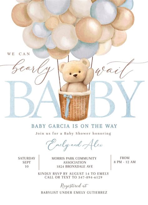 A Baby Shower Is Shown With Balloons And A Teddy Bear In A Basket On It