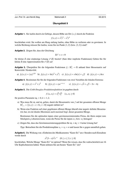 Uebung 9 Aufgabenblatt 9 Jun Prof Dr Jan Henrik Steg Mathematik