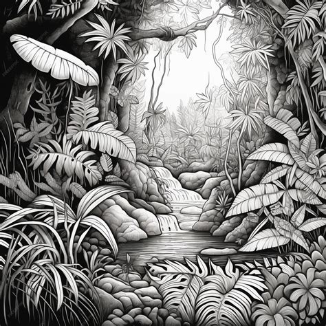 Premium Photo A Drawing Of A Jungle Scene With A Waterfall And Trees