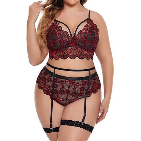 SIMU Plus Size Lingerie Set For Women Floral Lace Scallop Trim Garter