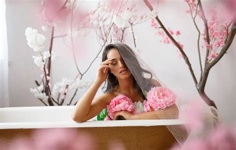 Wallpaper Girl Flowers Branches Brunette Veil Peonies Closed Eyes For Mobile And Desktop