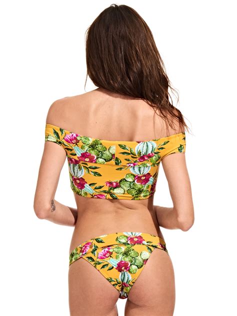 Triya Retro Floral Off Shoulder Crop Top Bikini Cactus Floral