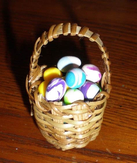 Miniature Wicker Easter Basket With Colored Polymer Clay Eggs