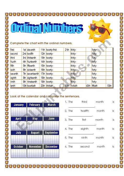 Printable Ordinal Numbers Worksheet