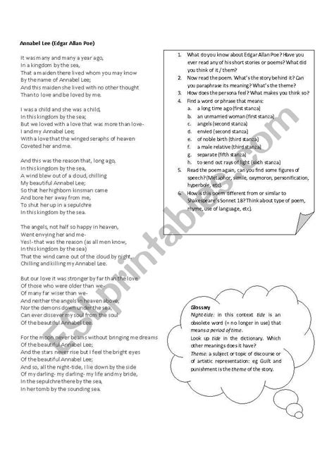 Annabel Lee Activities With The Edgar Allan Poe Poem Esl Worksheet By Danisj