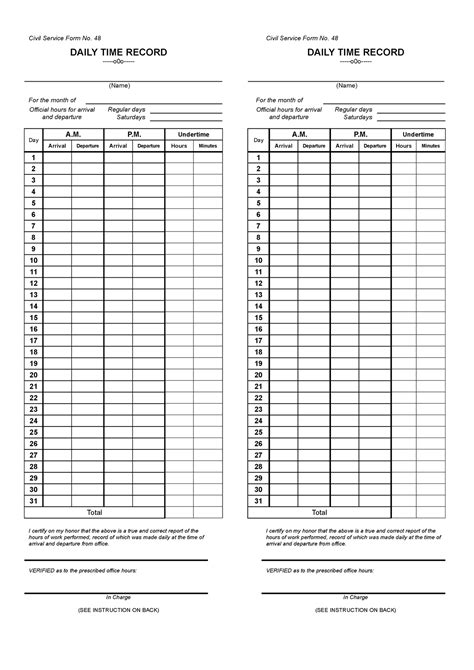 Csc Form 48 Daily Time Record Dtr Civil Service Form No 48 Daily