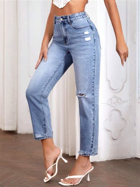 Shein Essnce High Waist Ripped Mom Fit Jeans Shein Usa