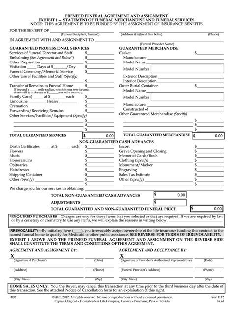 Fillable Online PRENEED FUNERAL AGREEMENT AND ASSIGNMENT Exhibit 1