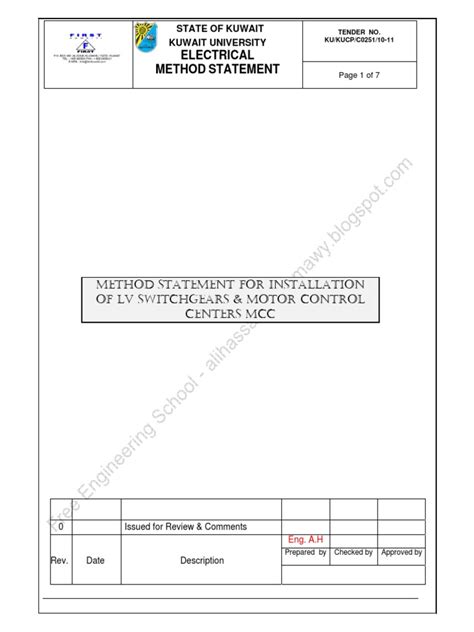 Method Statement For Installation Of Lv Switchgear And Motor Control