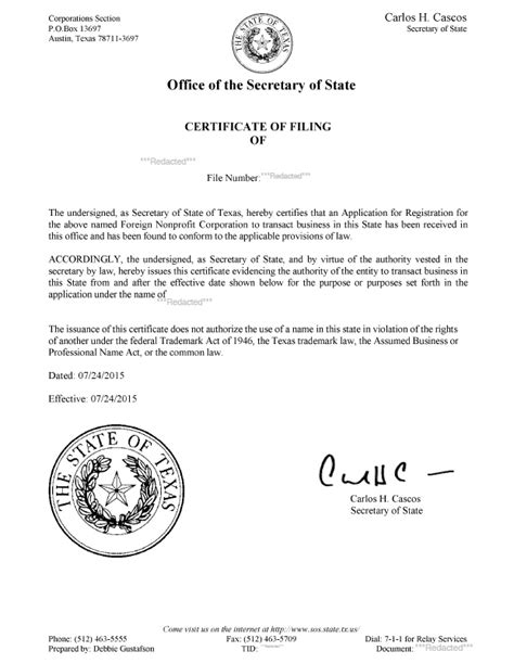 Texas Certificate Of Authority Harbor Compliance
